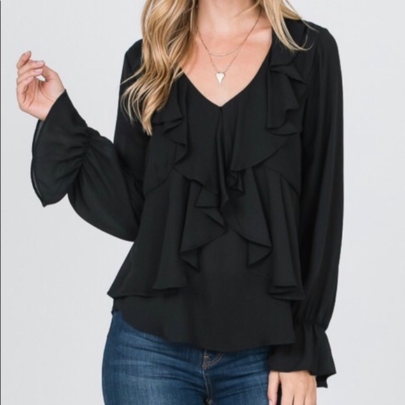 VINTAGE LOOKING  BLACK WATERFALL RUFFLE BLOUSE - Picture 4 of 8